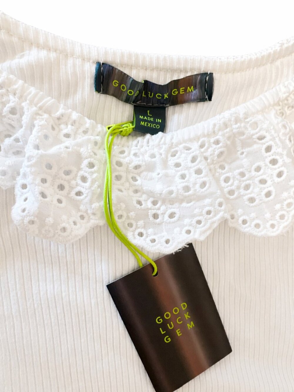 Good Luck Gem White Lace Trim Ribbed Bodysuit Size L NWT - Picture 3 of 3